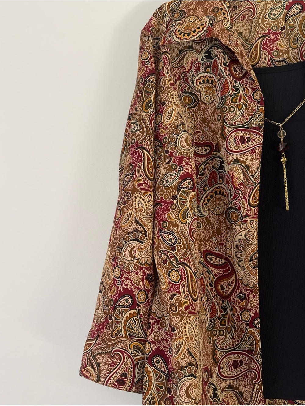 Notations Multicolor Paisley Button-Up Shirt Jacket — Red, Tan, Gold, Black - Picture 5 of 6